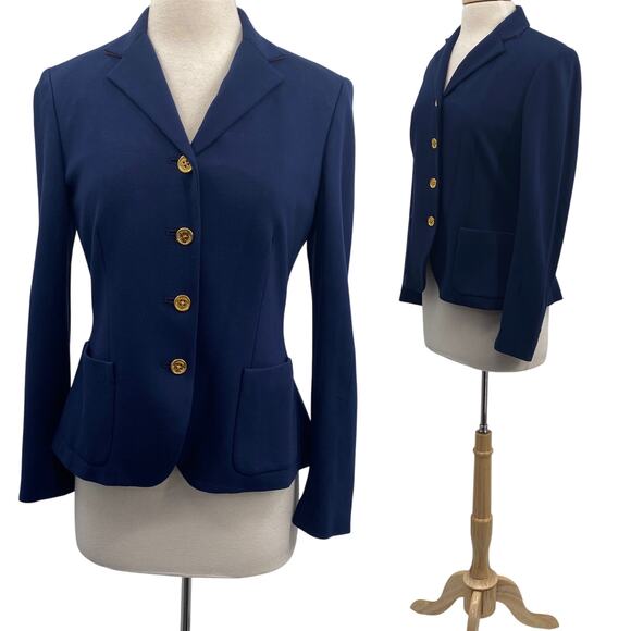 Lauren Ralph Lauren Blazer Patch Pockets Leather Trim Collar Blue Womens 8 - Picture 1 of 10